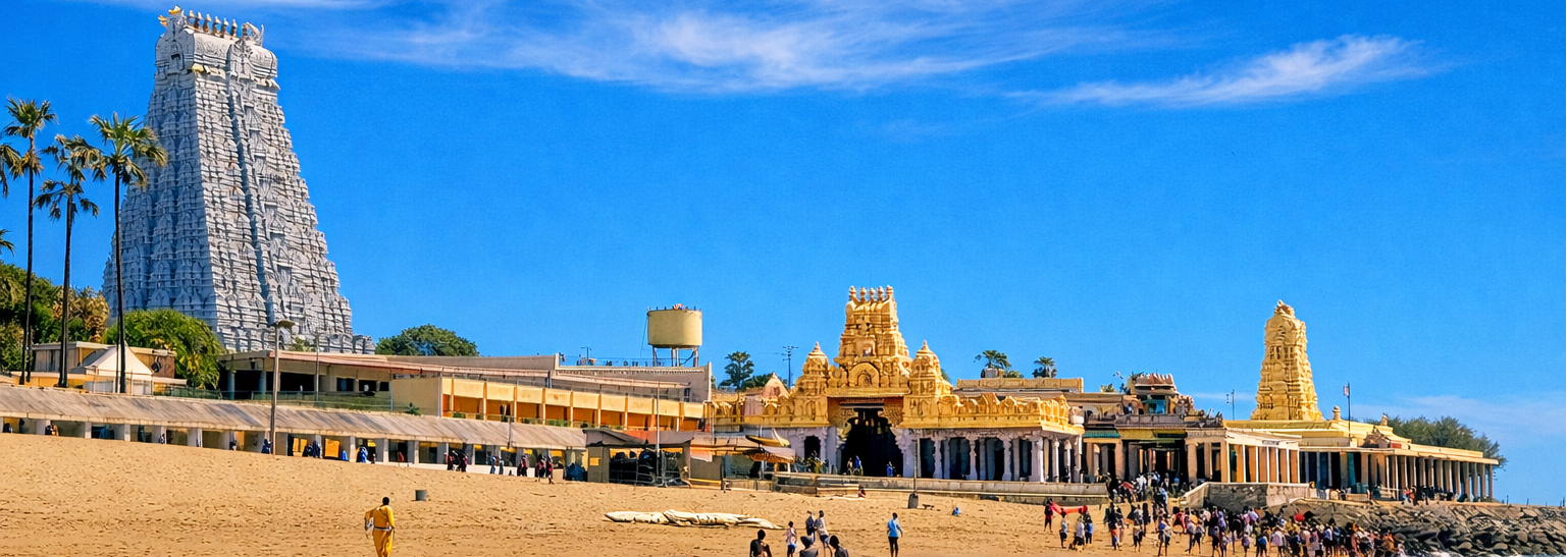 Tiruchendur Murugan Temple — majestic gopuram above the golden seashore